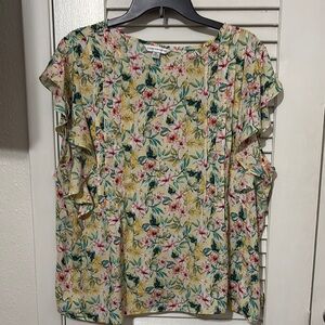 Counterparts Green and Orange Ruffled Cap Sleeve Blouse